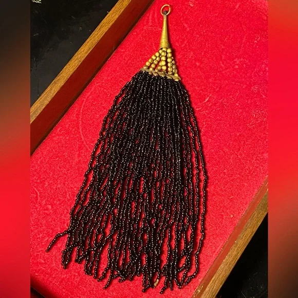 Antique Victorian jet glass seed bead tassel,bronze beads/hanger - Picture 2 of 9
